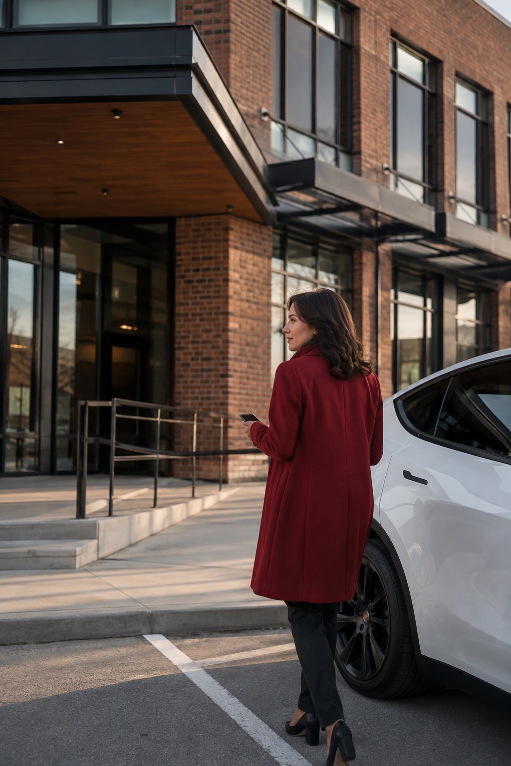 Lifestyle illustration: a visitor walks from her car towards a business entrance.