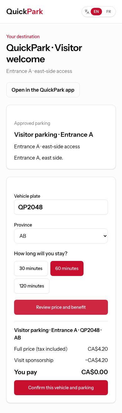Illustrative scenario: reviewing a vehicle, duration, price and sponsorship in QuickPark.