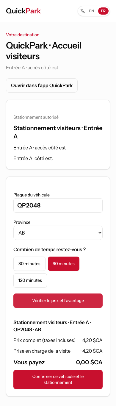 Scénario illustratif : vérification du véhicule, de la durée, du prix et de la prise en charge dans QuickPark.
