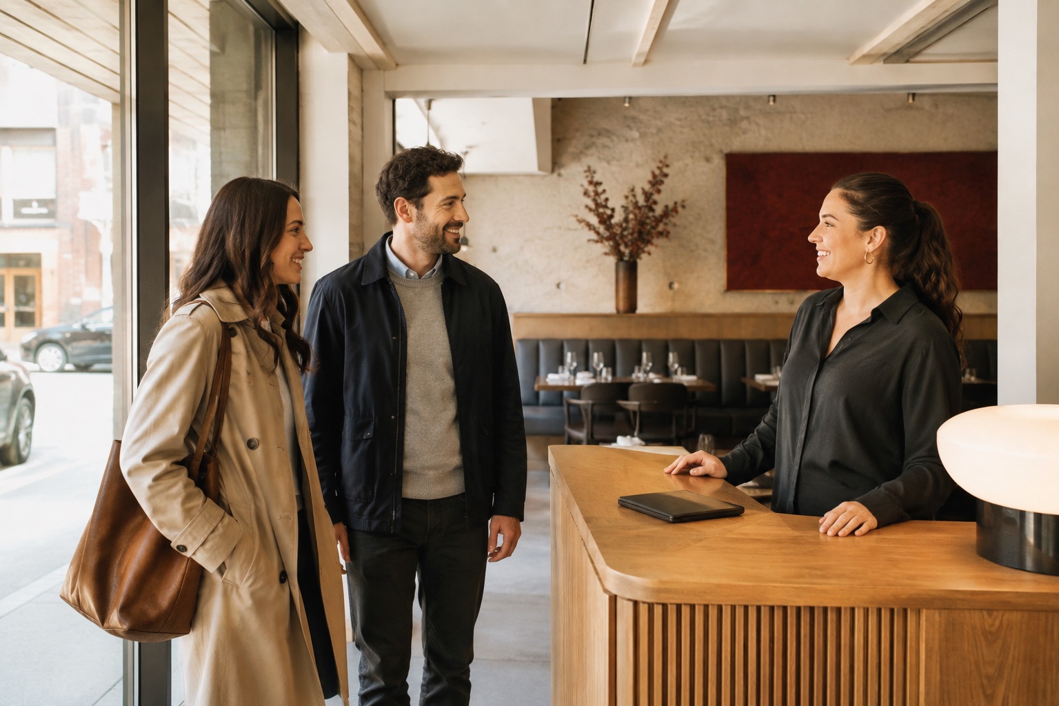 Lifestyle illustration: a couple is welcomed at a restaurant reception counter.